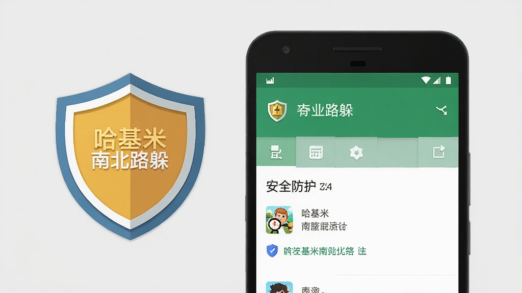 一部安卓手机屏幕显示游戏安装界面,旁边有盾牌图标代表安全防护,背景为浅灰色,扁平化设计风格,构图简洁,细节清晰,画质干净,画面中带有