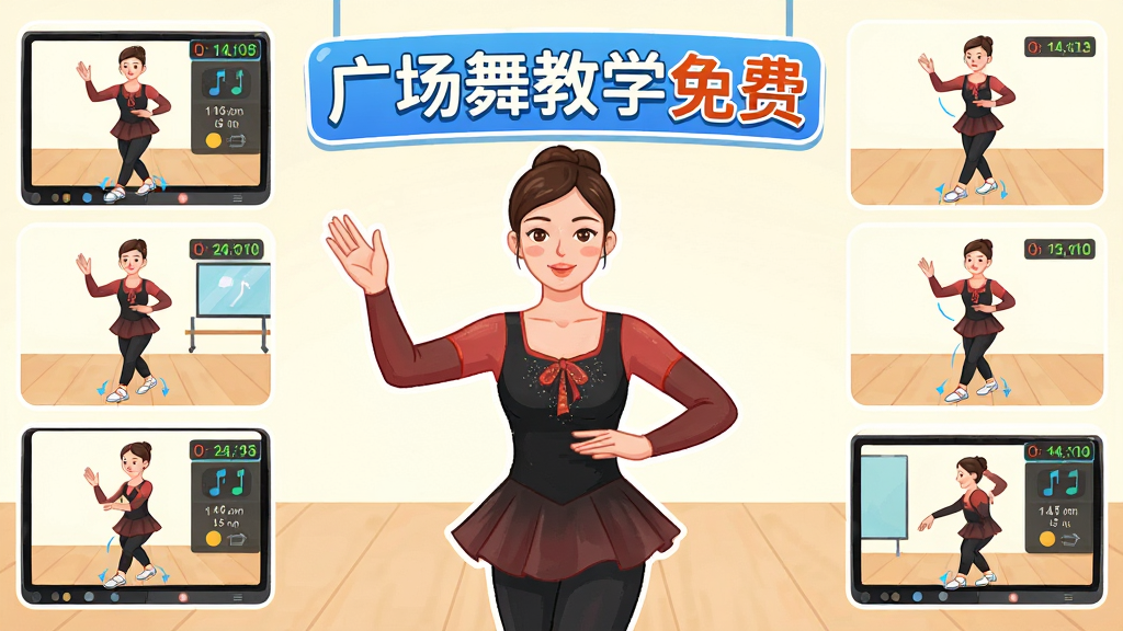 画面主体为一位穿着舞蹈服的老师正在分解广场舞动作,前方悬浮着广场舞教学免费的文字标识,布局为中心构图,老师位于画面中央,周围环绕着多个舞蹈动作的分解步骤小图,排版整齐有序,风格为明亮教学插画风,细节包括老师的手势、脚步位置标注、屏幕上的节拍提示,画质为高清,干净,无多余元素