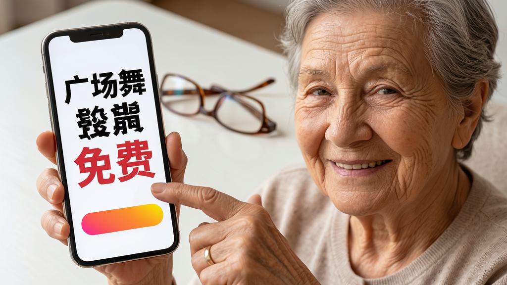 画面主体为一位老年女性微笑着用手指点击手机屏幕,屏幕上显示广场舞教学免费的大字体界面,布局为人物半身特写与手机屏幕并排展示,排版为左右分割,风格为温馨生活摄影风,细节包括老人脸上的皱纹、手机上的大号文字和鲜艳按钮、背景中的老花镜,画质为4K,干净,无多余元素