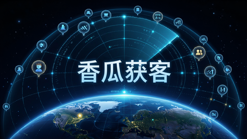 一幅AI生成图像,画面主体是一个发光的数字雷达扫描地球,雷达波覆盖之处浮现出一个个联系人气泡,画面中央显示“香瓜获客”文字,布局居中,风格充满科技感与数据感,细节精致,画质高清,干净无杂物
