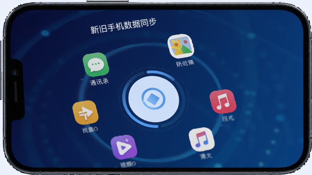 一部手机屏幕显示“新旧手机数据同步”应用界面,界面中央有一个醒目的圆形传输按钮,周围环绕着通讯录、照片、视频、音乐等图标,背景为深蓝色渐变,风格简洁科技感,画质清晰,无多余元素