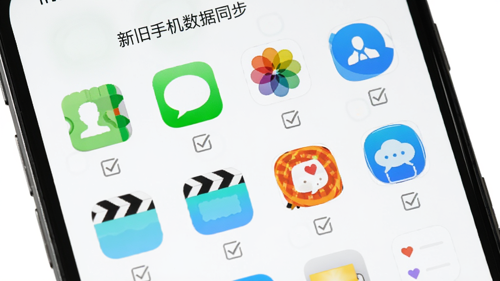 一部手机屏幕显示“新旧手机数据同步”应用界面,屏幕内以网格形式排列着通讯录、短信、照片、视频、应用等图标,每个图标下方带有勾选框,背景为纯白色,风格清爽极简,画质干净,无多余元素