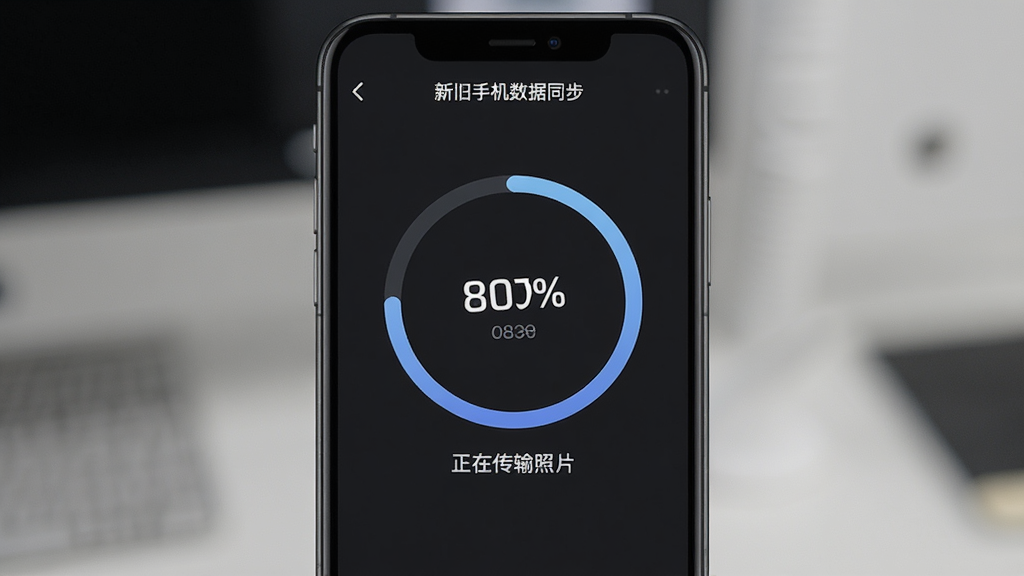 一部手机屏幕显示“新旧手机数据同步”应用界面,屏幕中央有一个大型环形进度条,显示百分比数字,下方有“正在传输照片”的文字说明,背景为深色模式,风格沉稳专业,画质清晰,无多余元素