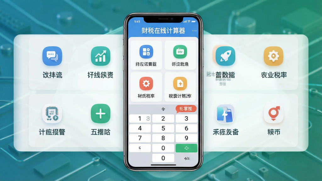 一张展示财税在线计算器软件主界面的预览图,画面中央是手机屏幕,屏幕内显示软件名称“财税在线计算器”与多个功能入口图标,布局清晰,排版简洁,风格为现代扁平化科技风,细节包含数字键盘与税率标签,画质高清,干净,无多余元素