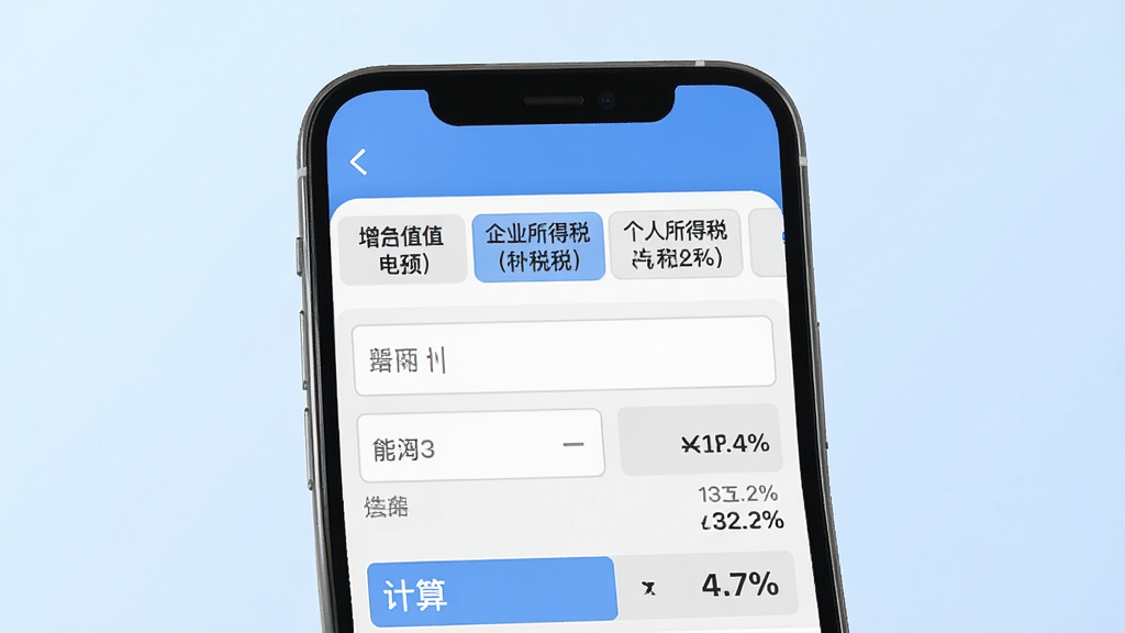 一张展示财税在线计算器多税种综合计算功能的预览图,画面中手机界面显示增值税、企业所得税、个人所得税等多个税种选项卡,下方有输入框和计算结果区域,背景为淡蓝色渐变,风格为清爽商务风,细节包含数字与百分比符号,画质高清,干净,无多余元素