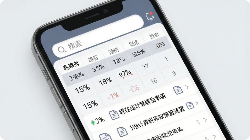 一张展示财税在线计算器税率政策速查功能的预览图,画面中手机界面显示税率表格与政策条目列表,顶部有搜索框,背景为浅灰色,风格为素雅极简风,细节包含百分比数字与文件图标,画质高清,干净,无多余元素