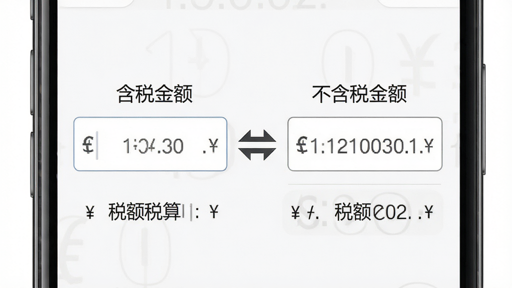 一张展示财税在线计算器含税与不含税金额互转功能的预览图,画面中手机屏幕显示两个输入框与一个双向箭头图标,上方标注“含税金额”与“不含税金额”,下方显示税额计算结果,风格为简约商务风,细节包含小数点与货币符号,画质高清,干净,无多余元素