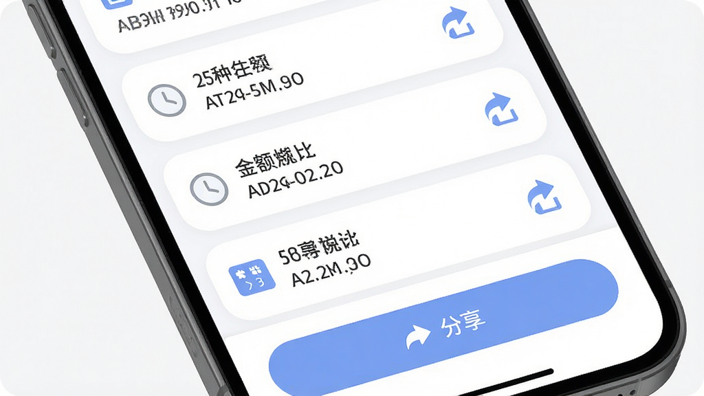一张展示财税在线计算器计算结果记录与分享功能的预览图,画面中手机屏幕显示历史记录列表,每条记录包含税种名称、金额与时间,底部有分享按钮,风格为柔和圆角风,细节包含时钟图标与分享图标,画质高清,干净,无多余元素