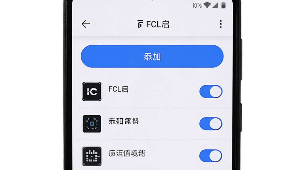 安卓手机屏幕中显示“FCL启”的模组管理页面,页面中有一个醒目的添加按钮,下方列表展示多个模组名称与开关状态,背景为白色,界面简洁,风格现代,细节清晰,画质干净,无多余元素