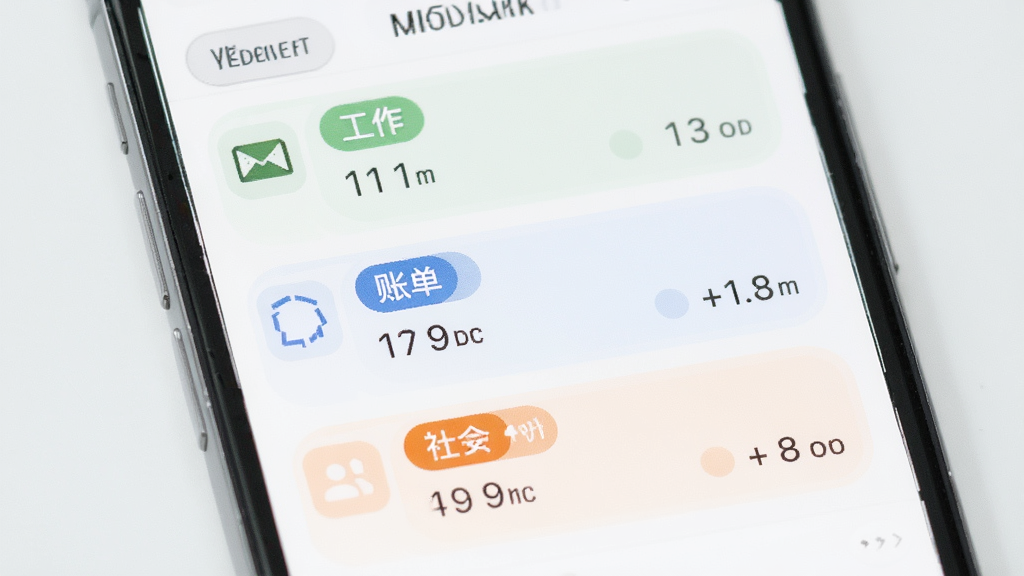 手机邮箱免费管理智能分类功能展示,手机屏幕显示邮件按标签自动分组,包括工作、账单、社交等类别,界面色彩柔和,布局整齐,风格清爽,细节包括分类图标和数量提示,画质清晰干净