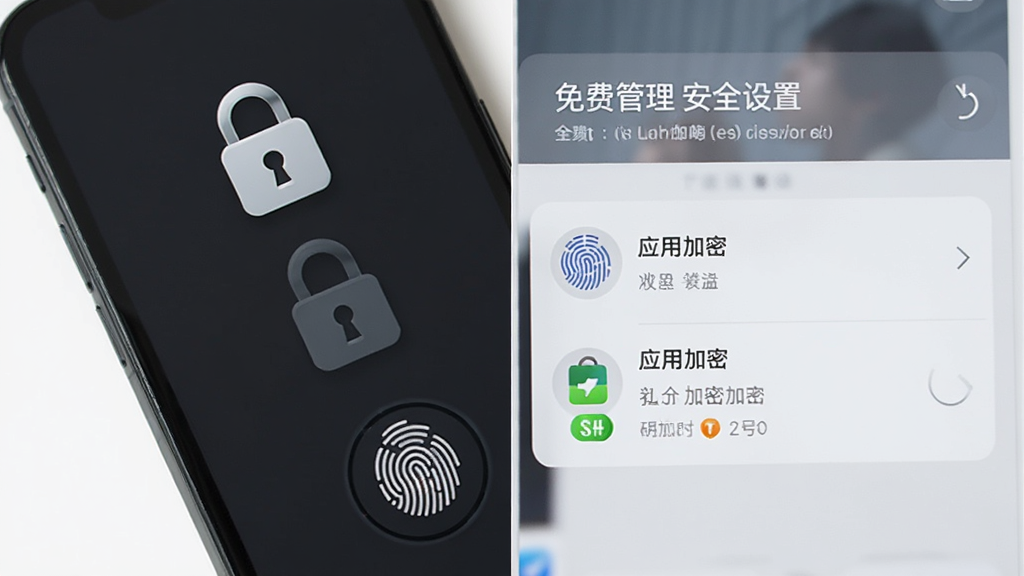 手机邮箱免费管理安全设置界面,手机屏幕显示密码锁和应用加密选项,背景为深色,风格沉稳专业,细节包括锁形图标和指纹识别按钮,画质清晰,干净无多余元素