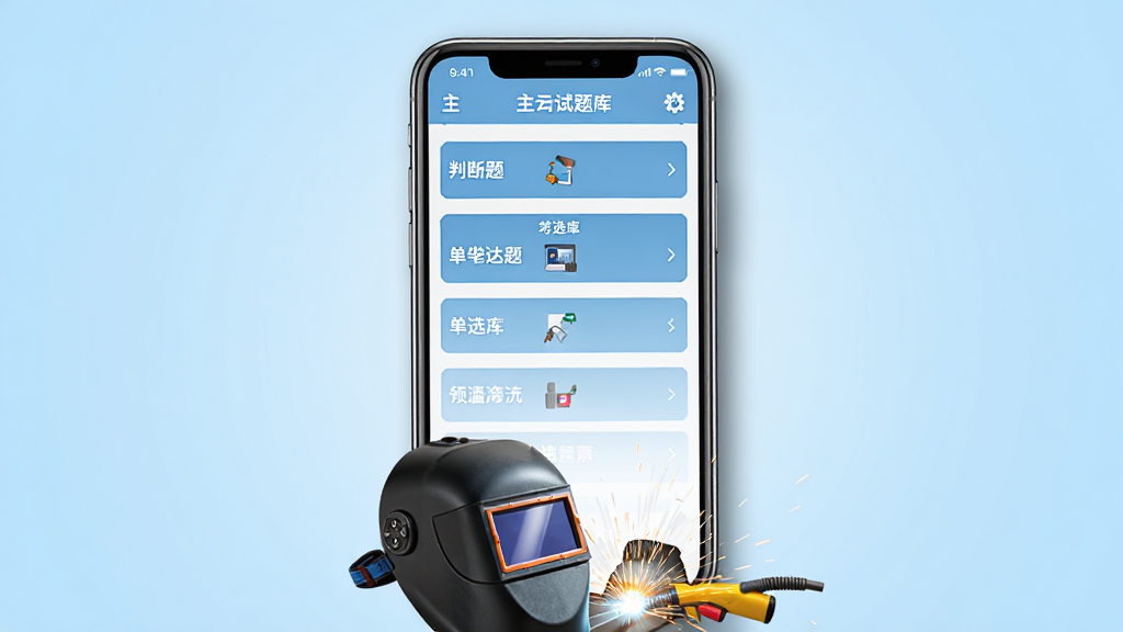 焊工考试题目大全软件主界面预览图,画面中央是一台智能手机,屏幕上显示焊工考试题库列表,包含判断题、单选题等分类入口,背景是干净的浅蓝色渐变,手机下方有焊工面罩和焊接火花作为装饰元素,布局简洁清晰,风格偏向实用教育类APP展示,细节上手机边缘有轻微阴影,画质高清,干净无多余元素