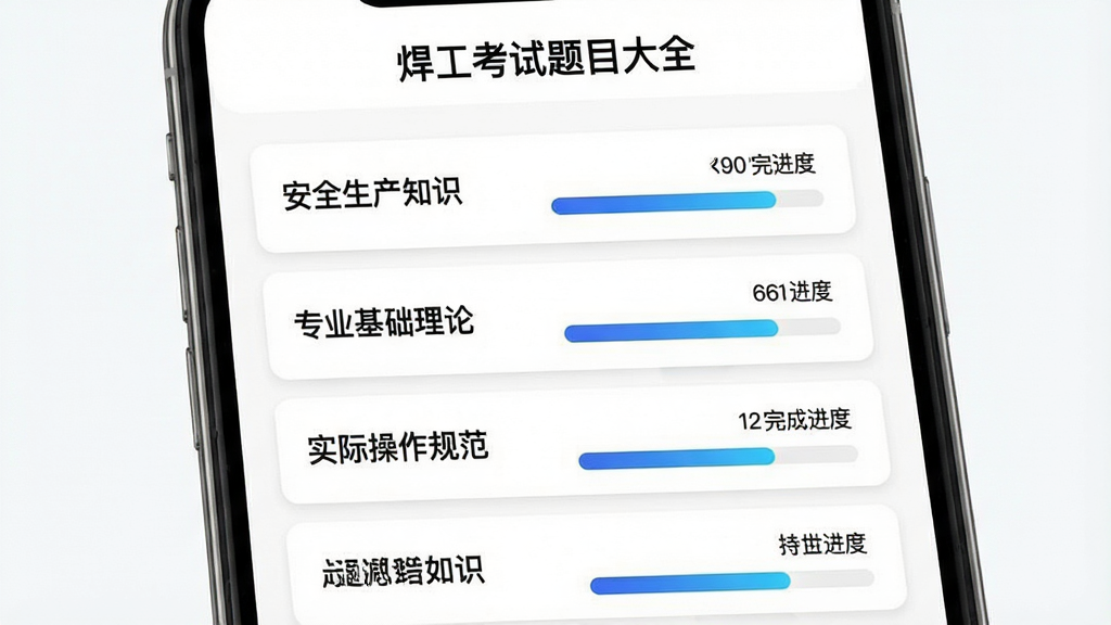 焊工考试题目大全章节练习界面展示图,画面中手机屏幕显示章节列表,包括安全生产知识、专业基础理论、实际操作规范等条目,每项后面标注题目数量和完成进度条,背景为白色卡片式布局,顶部有软件名称焊工考试题目大全字样,风格简洁明快,细节上进度条颜色为渐变蓝色,画质清晰,干净无多余元素