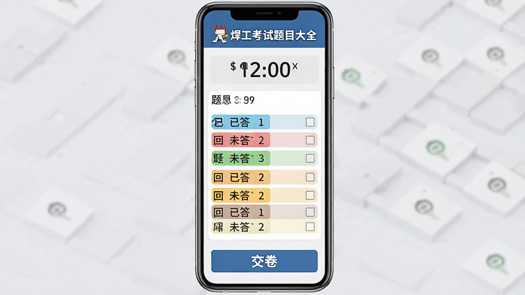 焊工考试题目大全模拟考试界面预览图,画面中手机屏幕显示考试倒计时、题目序号和答题卡区域,顶部有焊工考试题目大全标志,底部有交卷按钮,背景为淡灰色,风格正式严谨,细节上答题卡用不同颜色标注已答和未答题目,画质高清,干净无多余元素