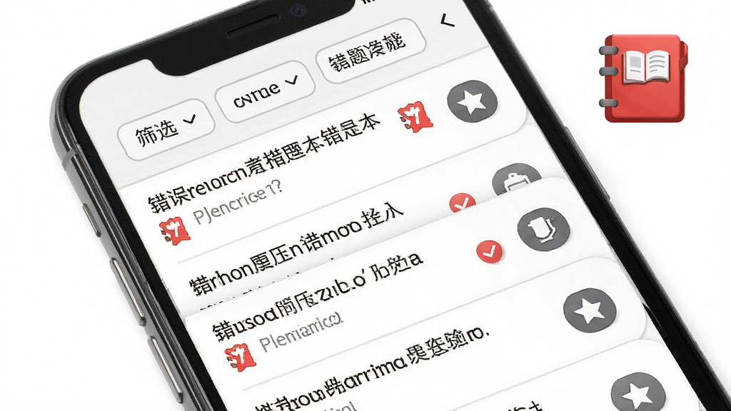 焊工考试题目大全错题本功能展示图,画面中手机屏幕显示错题列表,每道题旁边有红色错误标记和收藏按钮,顶部有筛选选项,背景为白色,风格清爽,细节上错题本图标为红色小本子,画质清晰,干净无多余元素