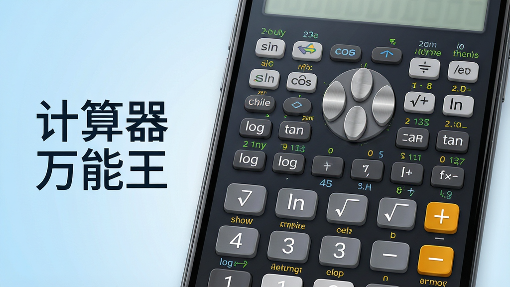计算器万能王科学计算模式界面展示图,主体为手机屏幕特写,屏幕内显示科学计算器键盘,包含sin、cos、tan、log、ln、根号、幂次方等按键,布局整齐,画面左侧放置软件名称“计算器万能王”文字标识,背景为浅蓝色渐变,风格为清爽科技风,细节表现按键立体感和屏幕清晰度,画质高清,画面干净,无多余元素