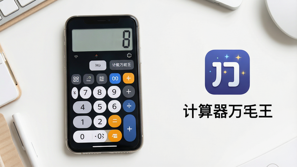 一张展示计算器万能王软件主界面的高清预览图,画面中央放置一部智能手机,手机屏幕显示计算器万能王的标准计算键盘和多功能按钮布局,背景为干净浅色桌面,主体手机位于画面中心偏左,右侧留白区域放置软件图标和名称文字“计算器万能王”,排版简洁清晰,风格为现代科技感平面设计,细节包含数字按键、运算符号、功能切换标签,画质高清,画面干净,无多余元素