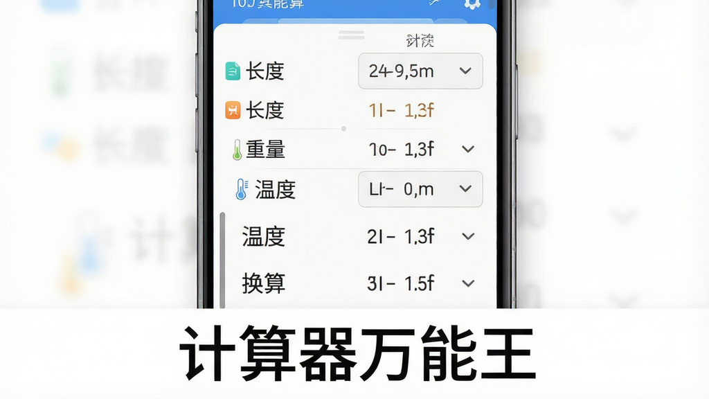计算器万能王单位换算功能界面展示图,手机屏幕显示长度、重量、温度等单位换算选项列表,画面中央为手机正面视图,屏幕内清晰展示换算结果和单位选择下拉框,画面底部放置“计算器万能王”软件名称文字,背景为白色简洁风格,排版工整,细节表现界面层次感和图标设计,画质高清,画面干净,无多余元素