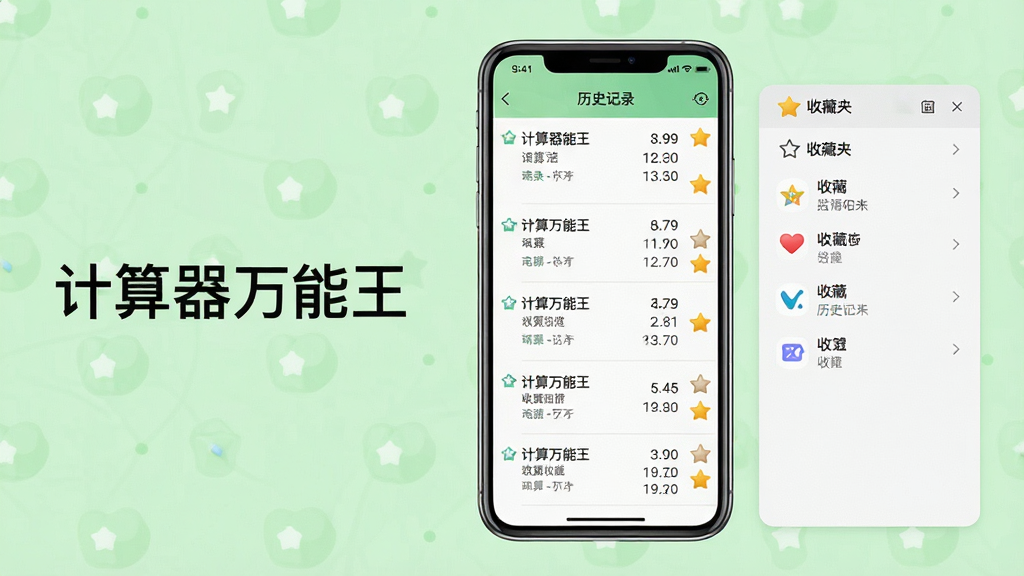 计算器万能王历史记录与收藏功能界面展示图,手机屏幕显示历史计算记录列表和收藏夹面板,画面中央为手机正面展示,屏幕内清晰呈现记录条目和收藏图标,画面左侧放置“计算器万能王”软件名称文字,背景为浅绿色清新风格,排版简洁,细节表现列表分隔和图标样式,画质高清,画面干净,无多余元素