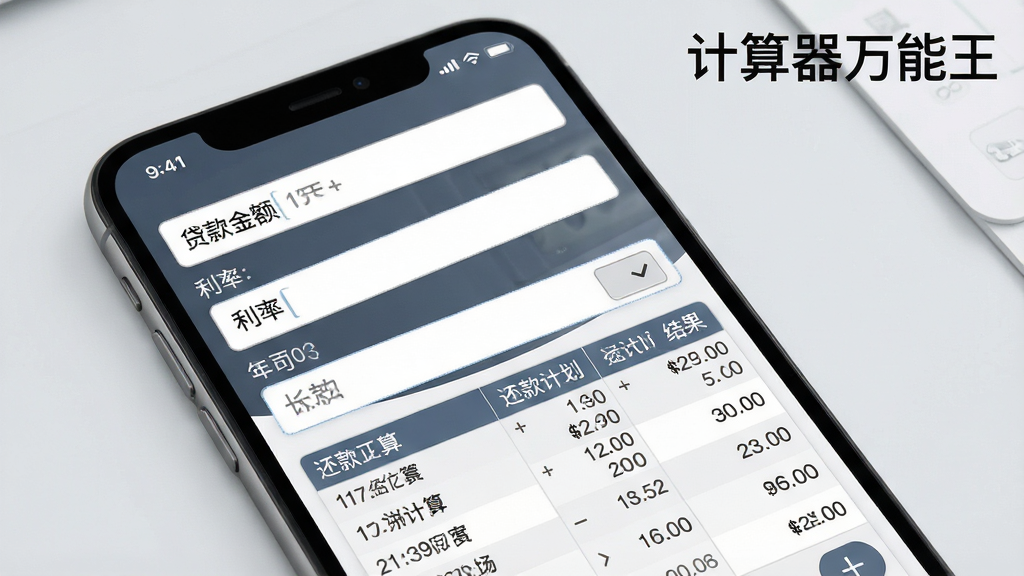 计算器万能王房贷计算功能界面展示图,手机屏幕显示贷款金额、利率、年限输入框和还款计划结果列表,画面主体为手机特写,屏幕内容清晰可见,画面右上角放置“计算器万能王”文字水印,背景为淡灰色商务风格,排版规整,细节表现数据表格和输入框设计,画质高清,画面干净,无多余元素
