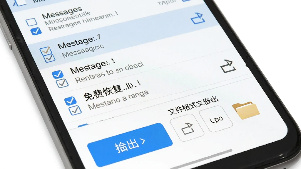 手机短信免费恢复软件备份导出界面,画面展示手机屏幕中短信列表被勾选,下方有导出按钮和文件格式选项,背景为白色简洁风格,细节包括勾选框、导出箭头、文件夹图标,画质清晰,干净,无多余元素