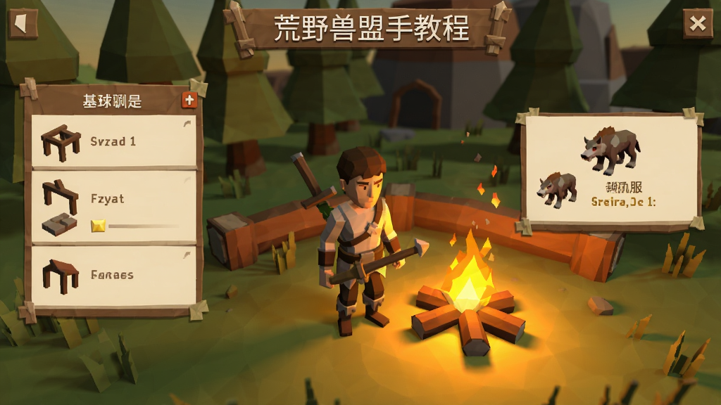 荒野兽盟新手教程界面截图,画面展示角色站在篝火旁,周围有基础建造菜单和野兽驯服提示框,界面布局清晰,低多边形风格,色调温暖,画质清晰,无多余元素