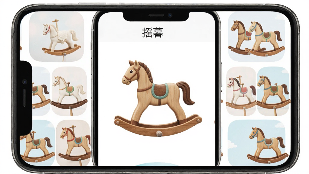 一张手机屏幕展示摇暮软件主界面,画面中央是一只木质摇木马图案,周围环绕多张摇木马风格图片缩略图,整体布局简洁,顶部有应用名称“摇暮”,风格清新明亮,细节干净,画质清晰,无多余元素