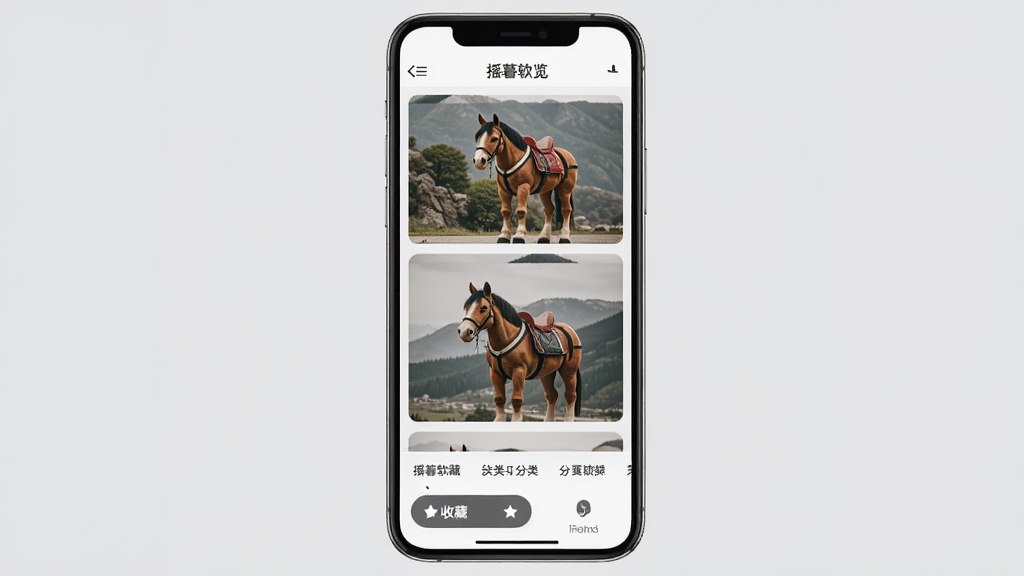 摇暮软件浏览页面,手机屏幕上显示瀑布流布局的摇木马图片,底部有收藏按钮和分类标签,背景为浅灰色,风格素雅,细节干净,画质清晰,无多余元素
