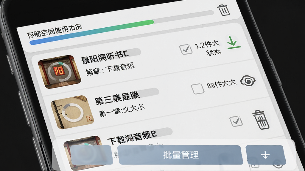 景阳阁听书下载管理界面,画面展示手机屏幕中列表形式排列的已下载音频文件,每个条目包含书名、章节名、文件大小和下载状态图标,顶部有存储空间使用情况条,底部有批量管理按钮,风格为浅灰质感商务风,细节包含进度环、复选框、删除图标,画质高清,干净,无多余元素。