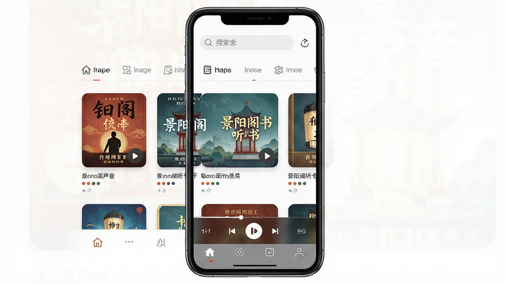 景阳阁听书软件主界面展示,画面中央是一部智能手机,屏幕显示听书应用的书架页面,顶部有搜索栏和分类标签,中间排列着多本有声书的封面卡片,底部有播放控制条和导航菜单,整体布局清晰,排版整洁,风格为现代简约扁平化设计,细节包含书籍封面、播放按钮、进度条、分类图标,画质高清,干净,无多余元素。