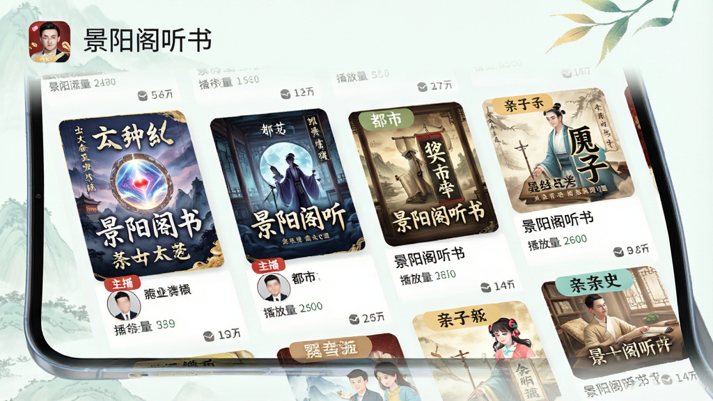 景阳阁听书海量资源库界面,画面展示手机屏幕中瀑布流式排列的有声书封面,封面包含玄幻、都市、历史、亲子等不同类别标签,背景为浅色系,屏幕上方有“景阳阁听书”应用名称标识,风格清新明快,细节包含书籍标题、主播头像、播放量数字,画质清晰,干净,无多余元素。