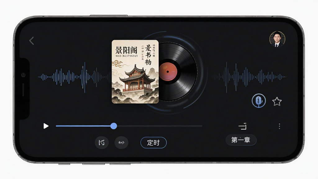 景阳阁听书播放器界面,画面展示手机屏幕中正在播放的有声书详情页,中央有书籍封面和旋转的唱片动画,下方有播放进度条、倍速按钮、定时按钮和章节列表入口,背景为深色护眼模式,风格为科技感暗黑风,细节包含波形图、主播头像、收藏图标,画质清晰,干净,无多余元素。