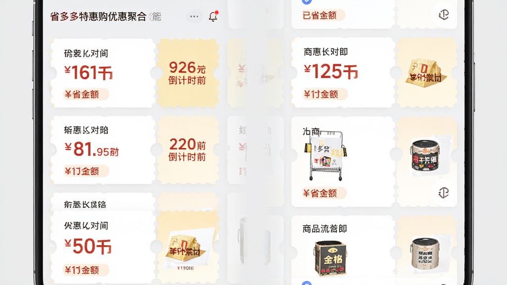 省多多特惠购优惠聚合功能界面,画面展示手机屏幕中排列整齐的优惠券卡片与商品列表,每张卡片上标注折扣力度与倒计时,背景为淡灰色,整体风格清爽明快,布局采用双列瀑布流,细节包含价格对比标签与已省金额提示,画质清晰,干净无多余元素