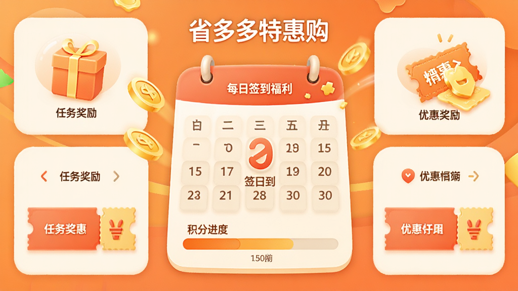 省多多特惠购每日签到福利页面,画面中心为签到日历与积分进度条,四周分布任务奖励图标,风格活泼温馨,采用圆角卡片设计,细节包括金币动画与优惠券预览,画质高清,干净无多余元素