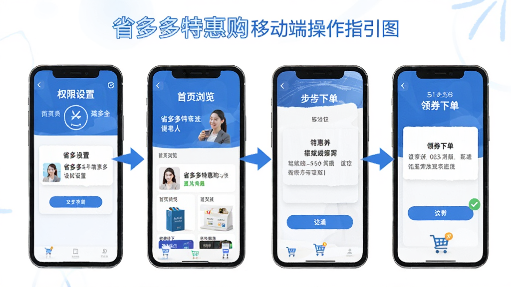 省多多特惠购移动端操作指引图,画面展示手机屏幕中分步操作截图,包括权限设置、首页浏览、领券下单等步骤,采用扁平化风格,配色以蓝色和白色为主,细节包含箭头指引与文字标注,画质清晰,干净无多余元素