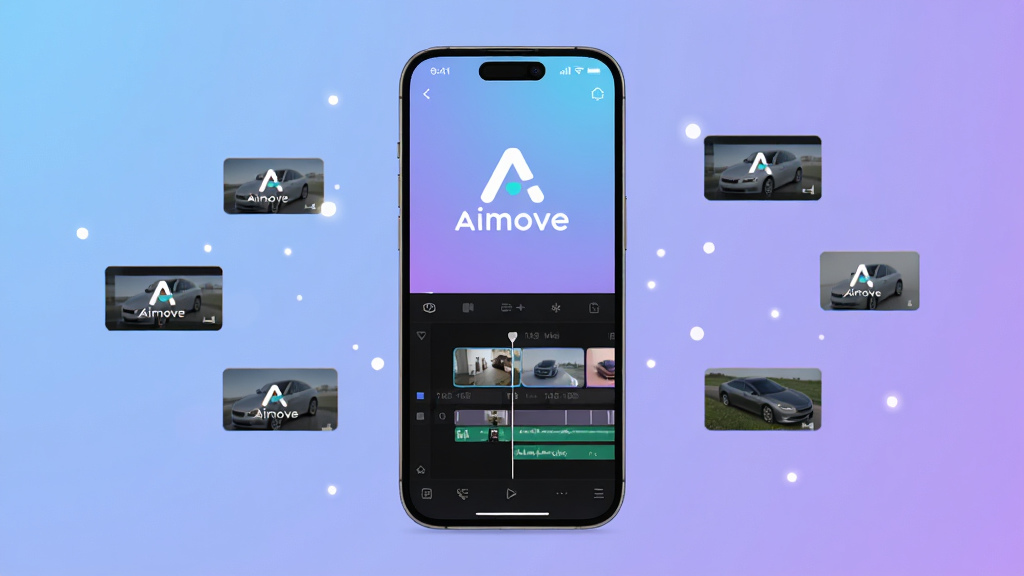 一张展示Aimove软件核心界面的概念图,画面中央是一部智能手机,手机屏幕上显示着Aimove的logo和视频时间线编辑界面,背景是柔和的蓝紫色渐变,周围漂浮着代表AI智能的光点与视频帧缩略图,整体风格简洁现代,画质清晰,干净,无多余元素