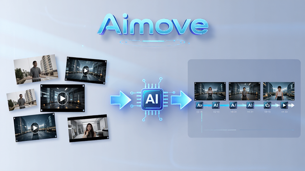 一张展示Aimove智能视频生成过程的示意图,画面左侧是零散的图片和视频片段,右侧是由这些素材自动合成的一段完整视频时间线,中间用发光的箭头和AI芯片图标连接,软件名称Aimove以科技感字体悬浮在顶部,风格充满未来感,画质清晰,干净,无多余元素