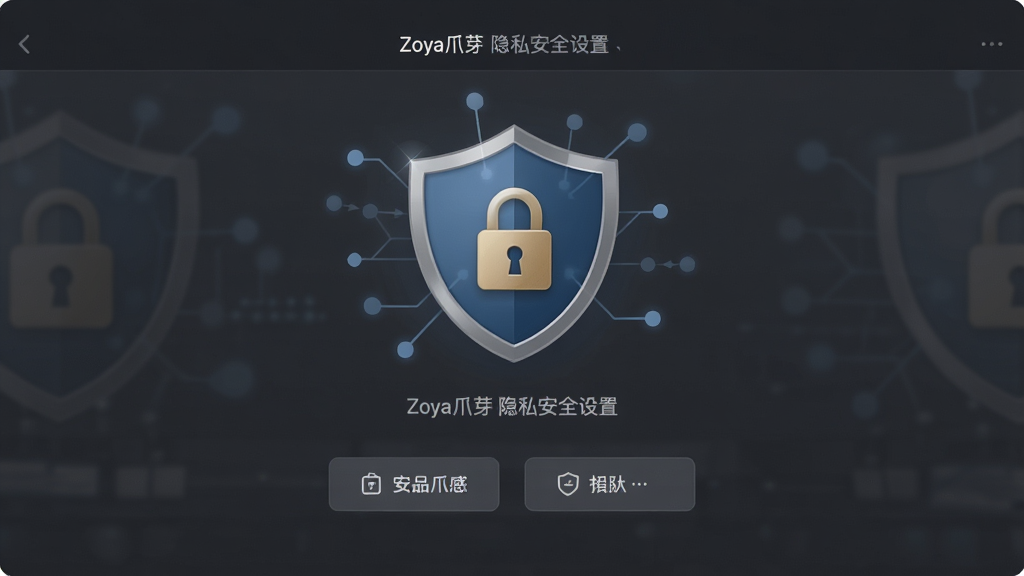Zoya爪芽 隐私安全设置界面,画面中显示盾牌图标与加密锁符号,界面以深灰色为主色调,按钮简洁,风格商务安全,细节清晰,画质干净,无多余元素
