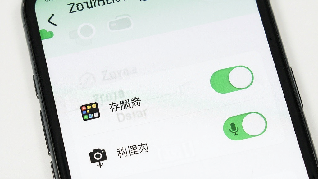 Zoya爪芽 安装权限设置示意图,手机屏幕显示权限管理页面,包含存储、相机、麦克风开关,背景为白色极简风格,图标清晰,画质干净,无多余元素