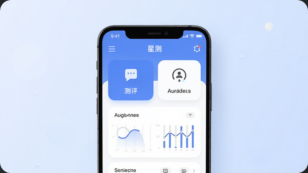 一款名为星测的安卓手机应用界面展示图,画面中央是一台智能手机,手机屏幕上显示星测软件的主页面,页面包含测评模块入口和数据图表卡片,背景为浅蓝色渐变,整体布局简洁清晰,风格为现代扁平化UI设计,细节包括圆角图标和柔和阴影,画质高清,干净,无多余元素