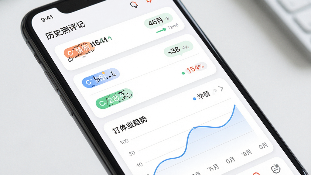 星测软件的数据记录页面展示图,画面主体为手机屏幕特写,屏幕上显示历史测评记录列表和趋势折线图,布局为上下结构,风格为清爽简约的移动端界面设计,细节包括彩色数据标签和圆角卡片,画质高清,干净,无多余元素