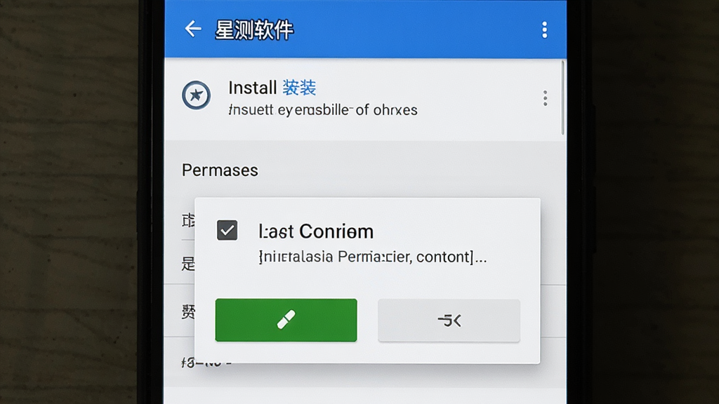 星测软件在安卓手机上的安装权限设置界面截图,画面为手机屏幕特写,屏幕上显示权限管理页面和安装确认弹窗,布局为纵向列表结构,风格为安卓原生设置界面,细节包括绿色允许按钮和灰色拒绝按钮,画质高清,干净,无多余元素