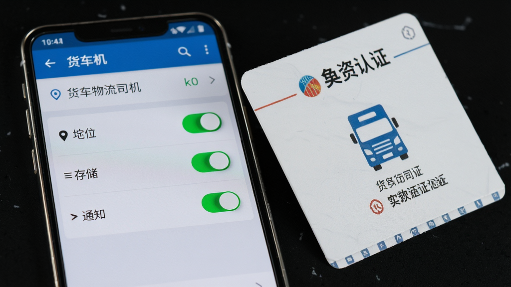 一部安卓手机展示“货车物流司机”的权限设置页面,页面中有定位、存储、通知三个权限开关,手机旁边放着一张实名认证的提示卡片,布局为手机正面平放、卡片斜靠,风格为数码产品评测摄影,细节包括权限开关的绿色高亮、卡片的磨砂质感、手机边框的金属光泽,画质清晰,干净,无多余元素