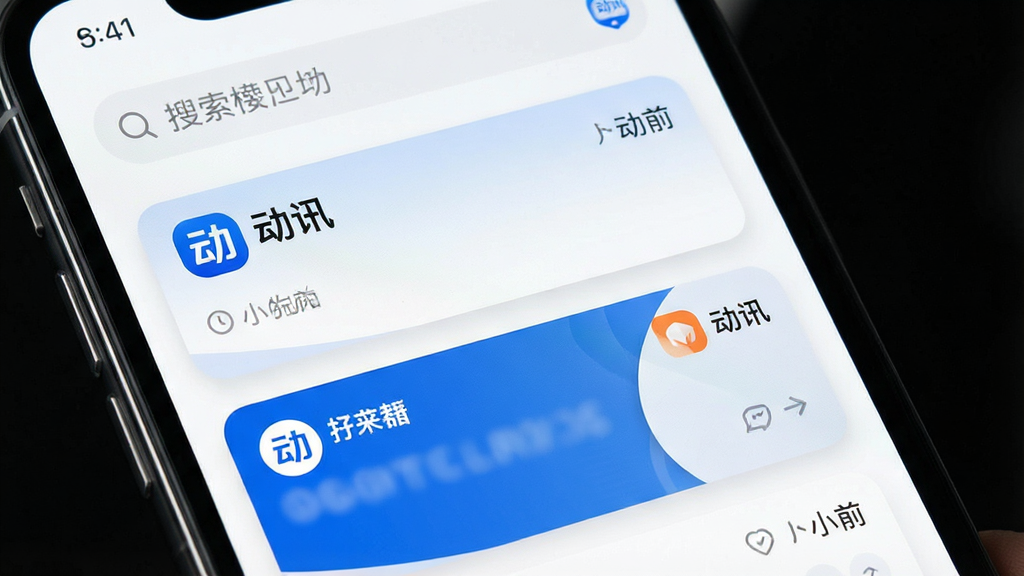 一张“动讯”应用消息聚合功能的界面特写图,画面主体为手机屏幕,屏幕中显示多条来自不同来源的消息卡片整齐排列,卡片带有时间标签与来源图标,界面采用“动讯”品牌蓝色作为强调色,背景为纯白,布局采用上下结构,顶部有搜索栏,风格简洁商务,细节包含卡片圆角与细微阴影,画质清晰,画面干净,无多余元素