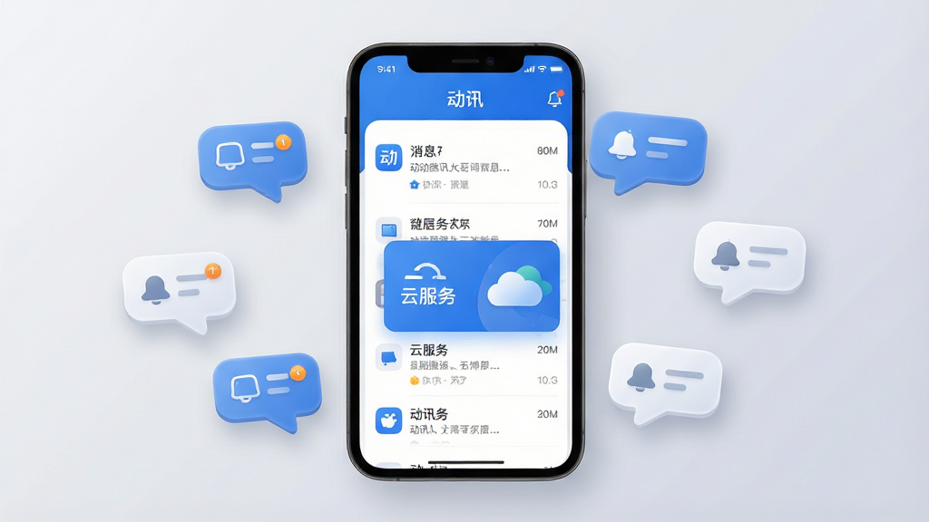 一张展示“动讯”手机应用主界面的场景图,画面中央是一部竖屏智能手机,屏幕内显示“动讯”应用的消息列表与云服务卡片,界面采用蓝白配色,布局简洁清晰,手机周围散落着几个抽象的通知气泡图标,背景为柔和的浅灰色渐变,整体风格现代科技感,细节包含圆角图标与阴影层次,画质高清,画面干净,无多余元素
