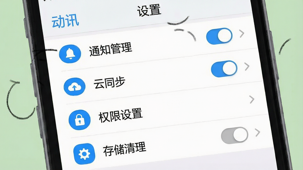 一张“动讯”应用设置界面的手机截图风格示意图,画面展示手机屏幕内的设置菜单,包含“通知管理”“云同步”“权限设置”“存储清理”等选项,界面采用浅色背景与蓝色图标,布局为纵向列表,风格简洁实用,细节包含开关按钮与箭头指示,画质清晰,画面干净,无多余元素