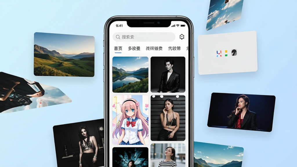 一张展示主题壁纸免费多软件界面的手机样机图,画面中央是软件首页,上方有搜索栏和分类标签,下方瀑布流展示多种风格的壁纸缩略图,包括风景、动漫、简约、明星等,手机周围漂浮着几张高清壁纸卡片,背景是柔和的浅蓝色渐变,整体风格清新明快,画质清晰,干净无多余元素