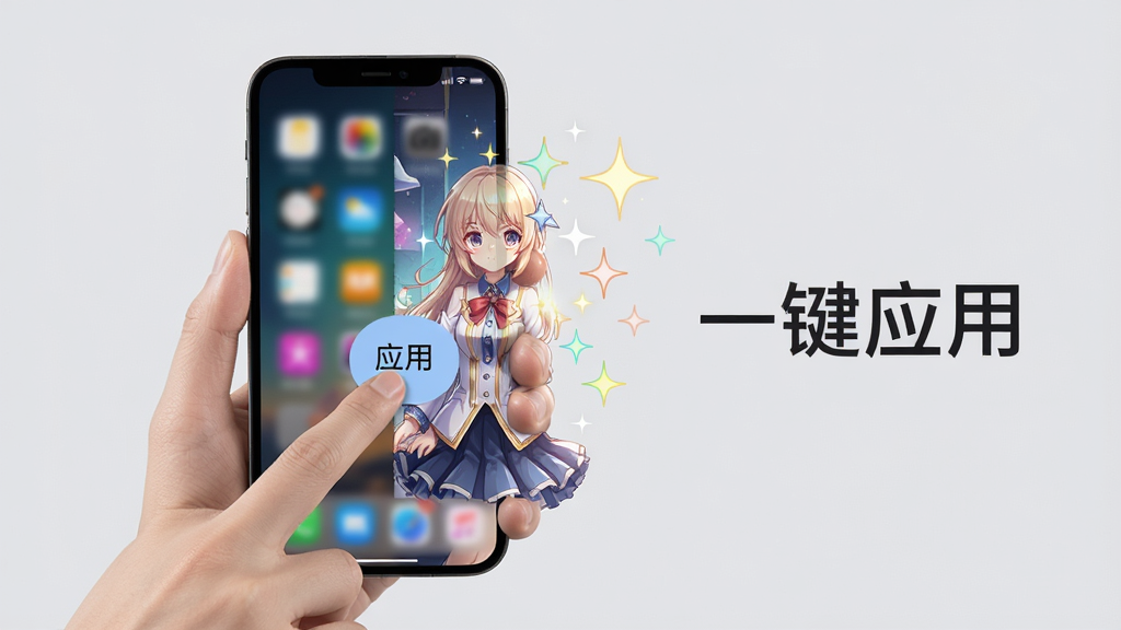 一张展示主题壁纸免费多一键应用功能的操作示意图,画面中一只手拿着手机,手指点击屏幕上的“应用”按钮,手机屏幕从普通桌面瞬间切换为精美的动漫主题桌面,周围有闪光特效和“一键应用”字样,背景为浅灰色,整体风格简洁现代,画质清晰,无多余元素