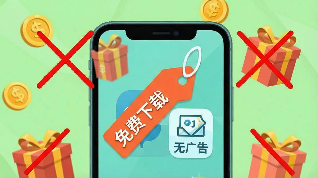 一张展示主题壁纸免费多免费无广告特点的示意图,画面中手机屏幕显示“免费下载”标签和“无广告”图标,周围有金币和礼物盒元素被划掉,背景为浅绿色,整体风格轻松活泼,画质清晰,干净无多余元素