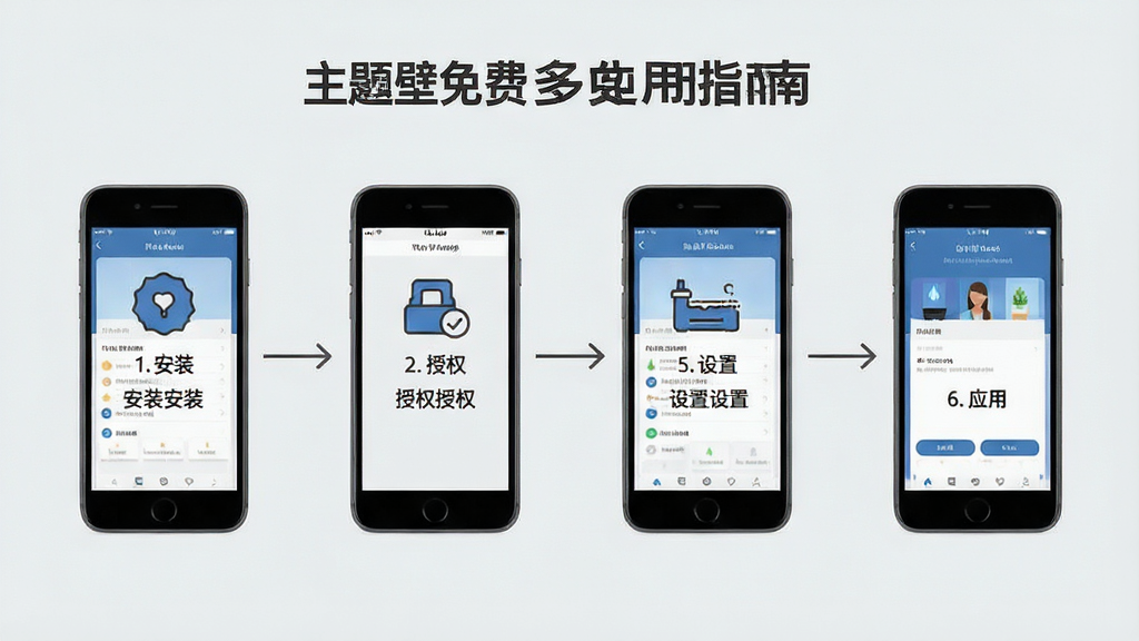 一张展示主题壁纸免费多使用指南的流程图,画面分为安装、授权、设置、应用四个步骤,每个步骤用图标和简短文字说明,手机屏幕显示相应操作界面,背景为浅灰色,整体风格简洁明了,画质清晰,无多余元素